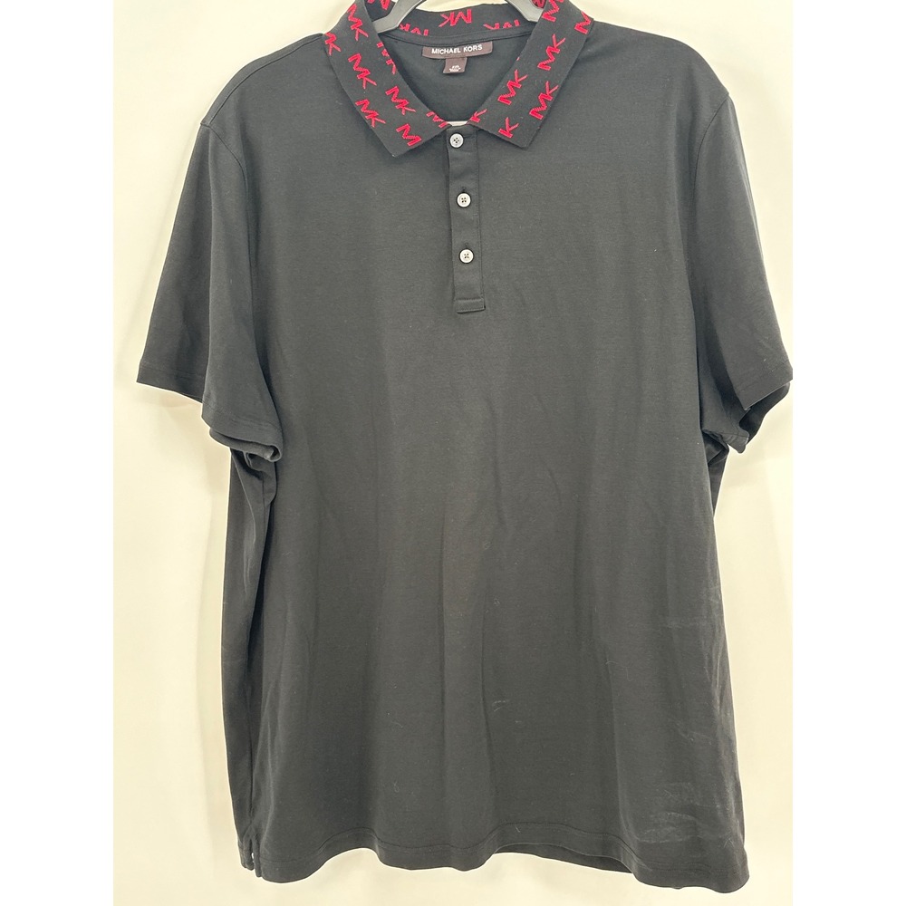Michael Kors Mens XXL Black Polo Shirt Red MK Monogram Logo Collar Short Sleeve‎